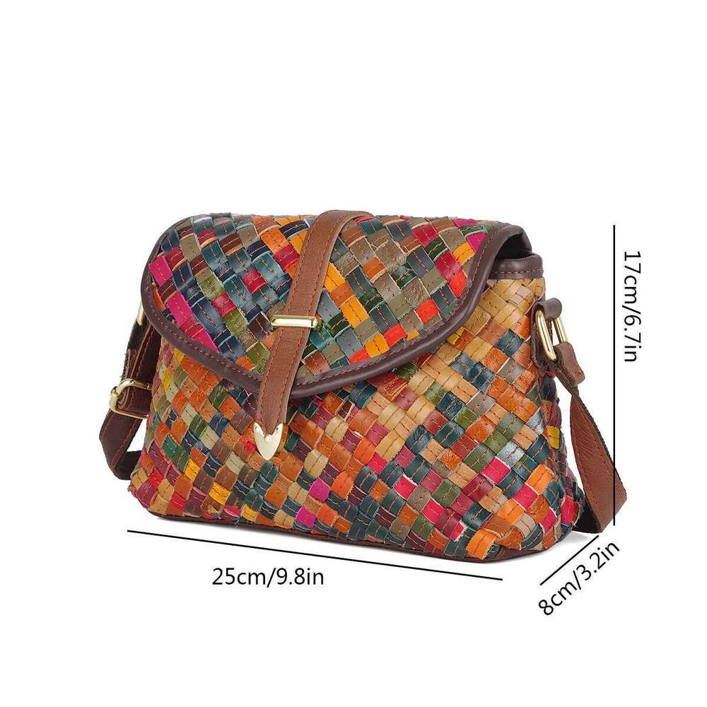 Genuine leather handmade woven colorful striped color matching small casual ethnic style shoulder bag for women
