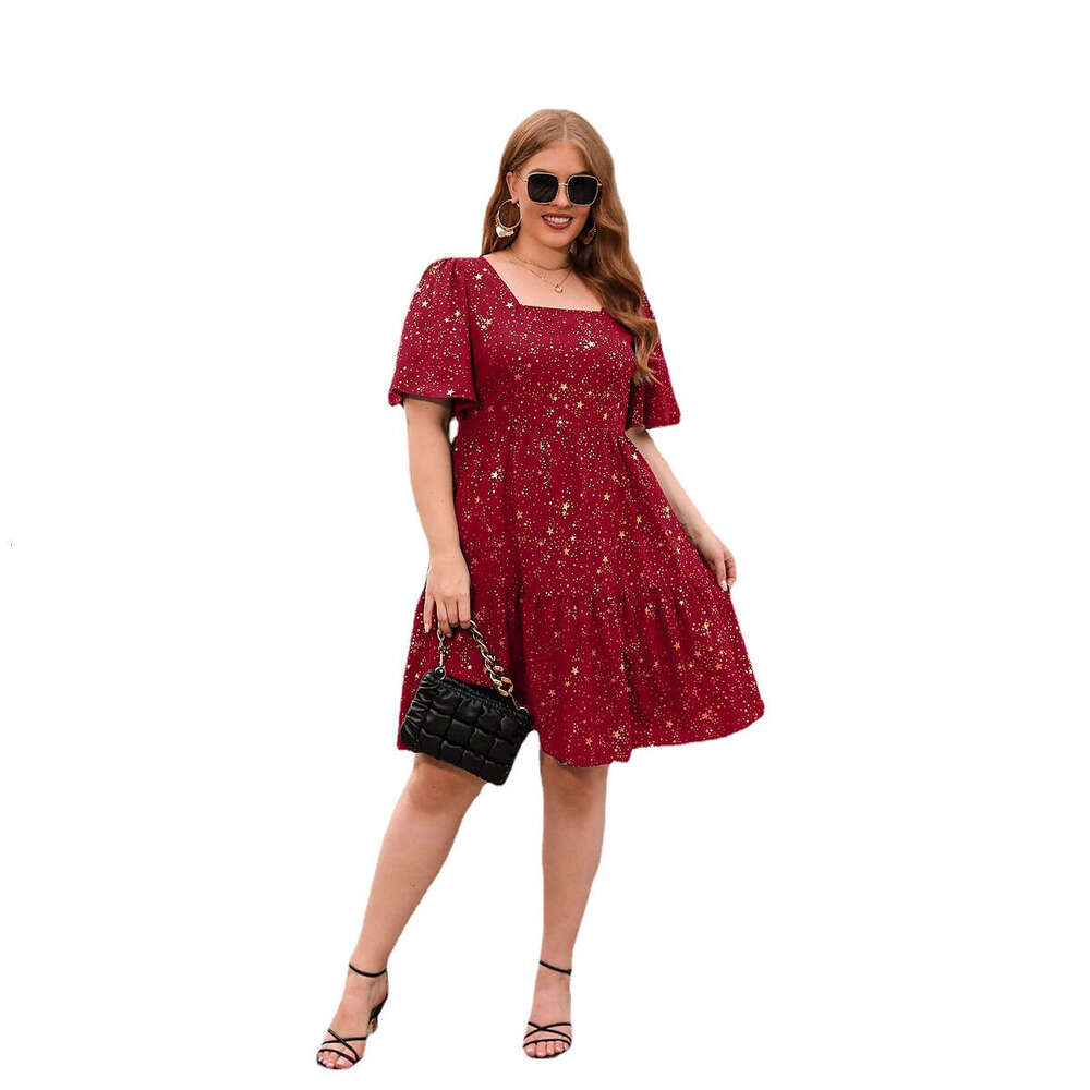 Plus Size Vestido Calf Floral Dress Beach Dress Fulllace Gold Stamping Printing Casual Loose Fitting Cocktail Party Elegant Dress Oversized Womens Clo