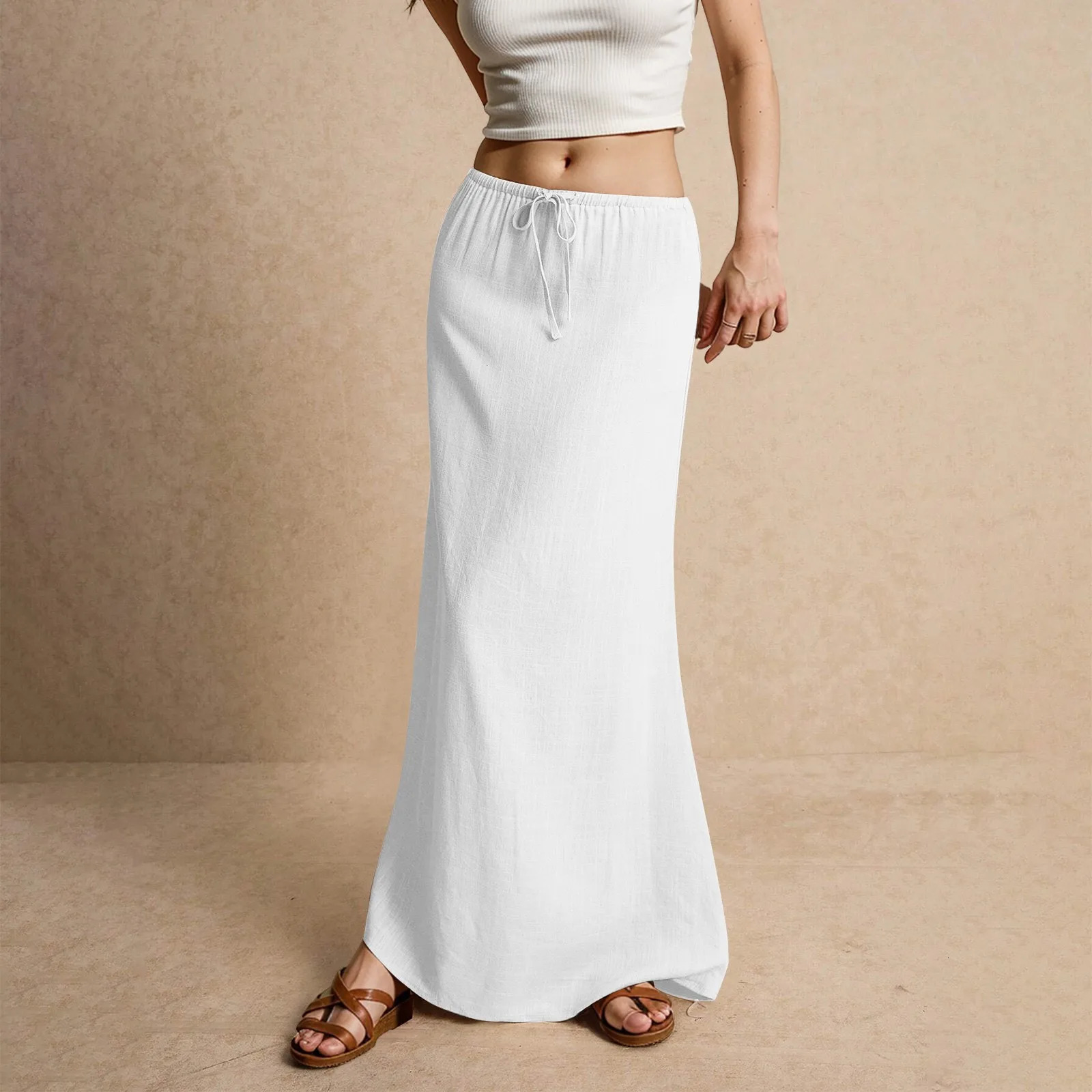 Summer Vacation Womens Summer Maxi Skirt Drawstring Low Waist A Line Casual Skirts Bodycon Long Skirt Beach Womens clothing 250514