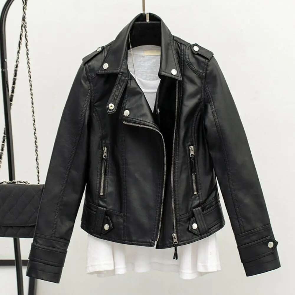 Women Cropped Trench Lapel Collar Leather Jackets Coat With Belt Female Single Button Short Motorcycle Jacket Outwear