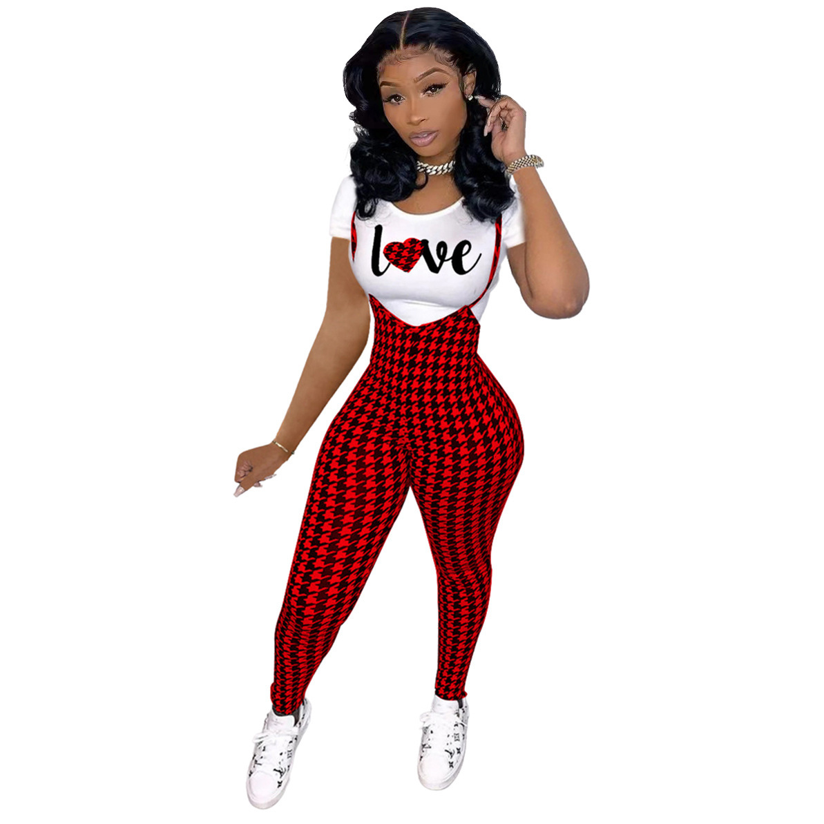 D9828 Womens fashion pattern printed short sleeved T-shirt+suspender jumpsuit