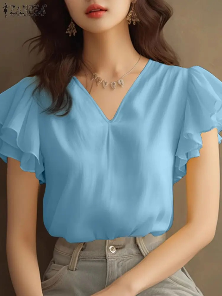 ZANZEA Vintage Women Party Blouse Elegant Ruffle Sleeve V-nekc Tops Korean Fashion Solid Shirt Tunic Summer Loose Blusas 250514