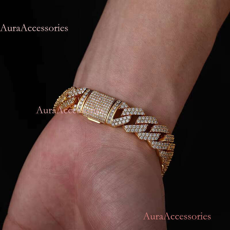 New Arrival Bileklik Hip Hop Jewelry Fashion Anklet 15mm Gold Plated Copper 2 Rows 5A CZ Stone Miami Cuban Link Chain Bracelet