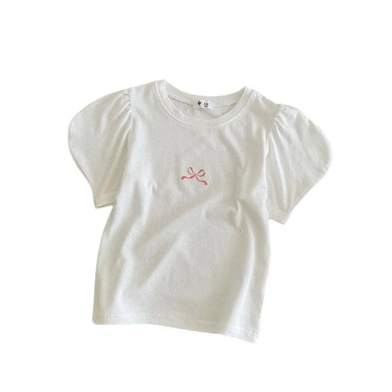 Korean Summer Bowknot Short Sleeve T-shirts For Girls 1-6 Years Cotton Toddler Girl Tops Baby Girl Tees Clothes 250515