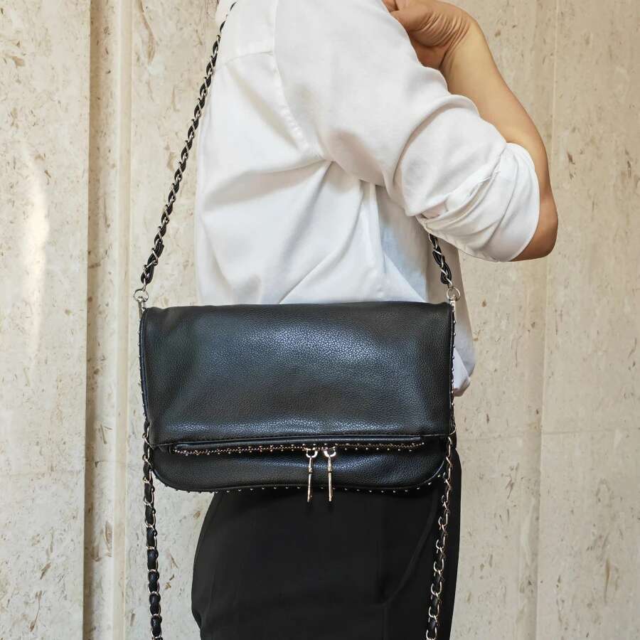 Women Chain Crossbody Design Pu Leather Lady Shoulder Purse Large Capacity Classic Black Fold Envelope Bag