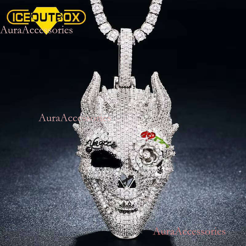 Bling Hip Hop Jewelry White Gold Plated Brass AAAAA CZ Dia Skull Head Necklace Mens Iced Out Pendant