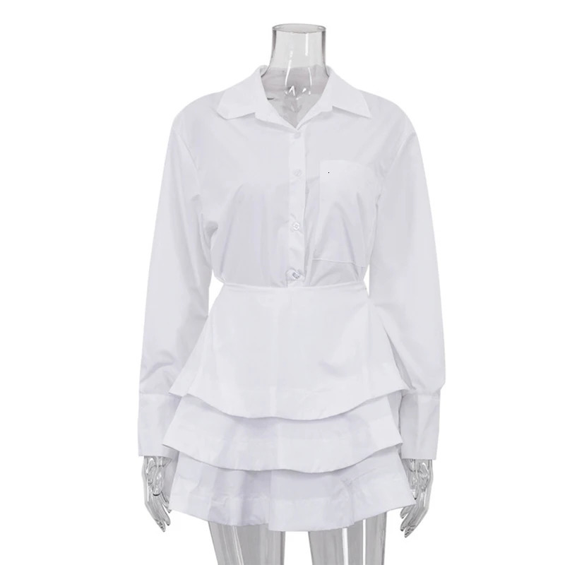 Tornova White See Through Skirt TwoPiece Set For Women Long Sleeves Shirt High Waist Cake Suit Female Loose Casual 250515