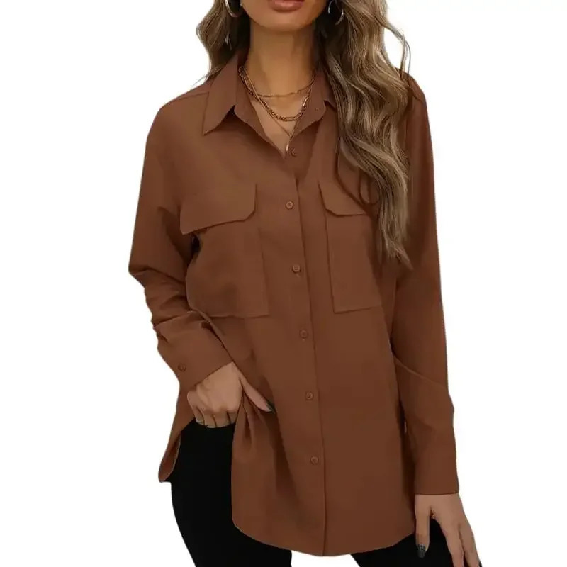 Plus Size 1Xl5XL Womens Fashion Blouse Solid Button Up Long Sleeve Turn Down Collar Pockets 250515