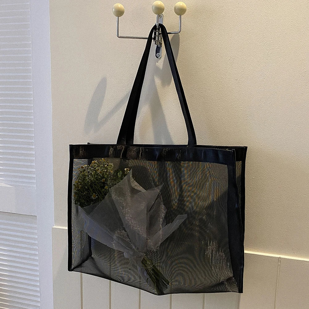 Fashion Shoulder Bag Large Capacity Mesh Shopping Bag Solid Color Top-Handle Handbag Transparent for Summer Vacation Travel 250515
