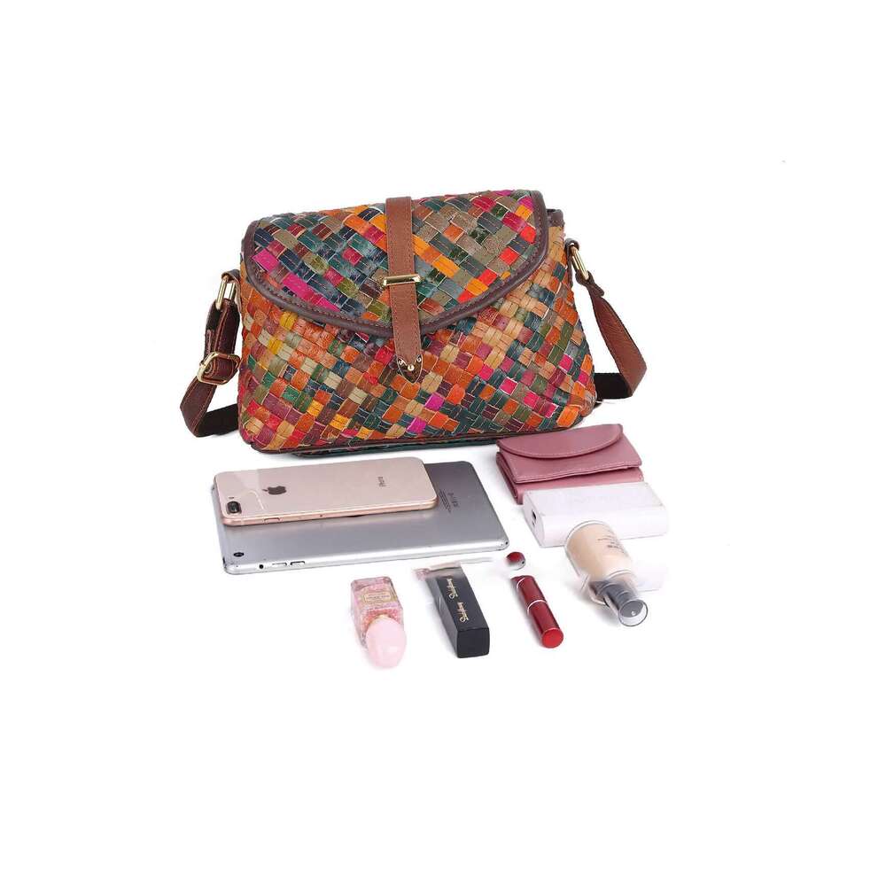 Genuine leather handmade woven colorful striped color matching small casual ethnic style shoulder bag for women
