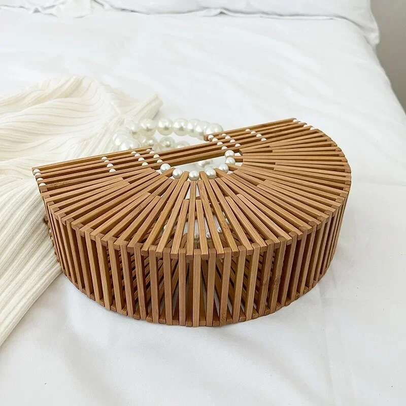 Semicircle Bamboo Designer Shoulder Summer Beach Pearl Handle Women Shopping Handbag Rattan Tote Bag Purse