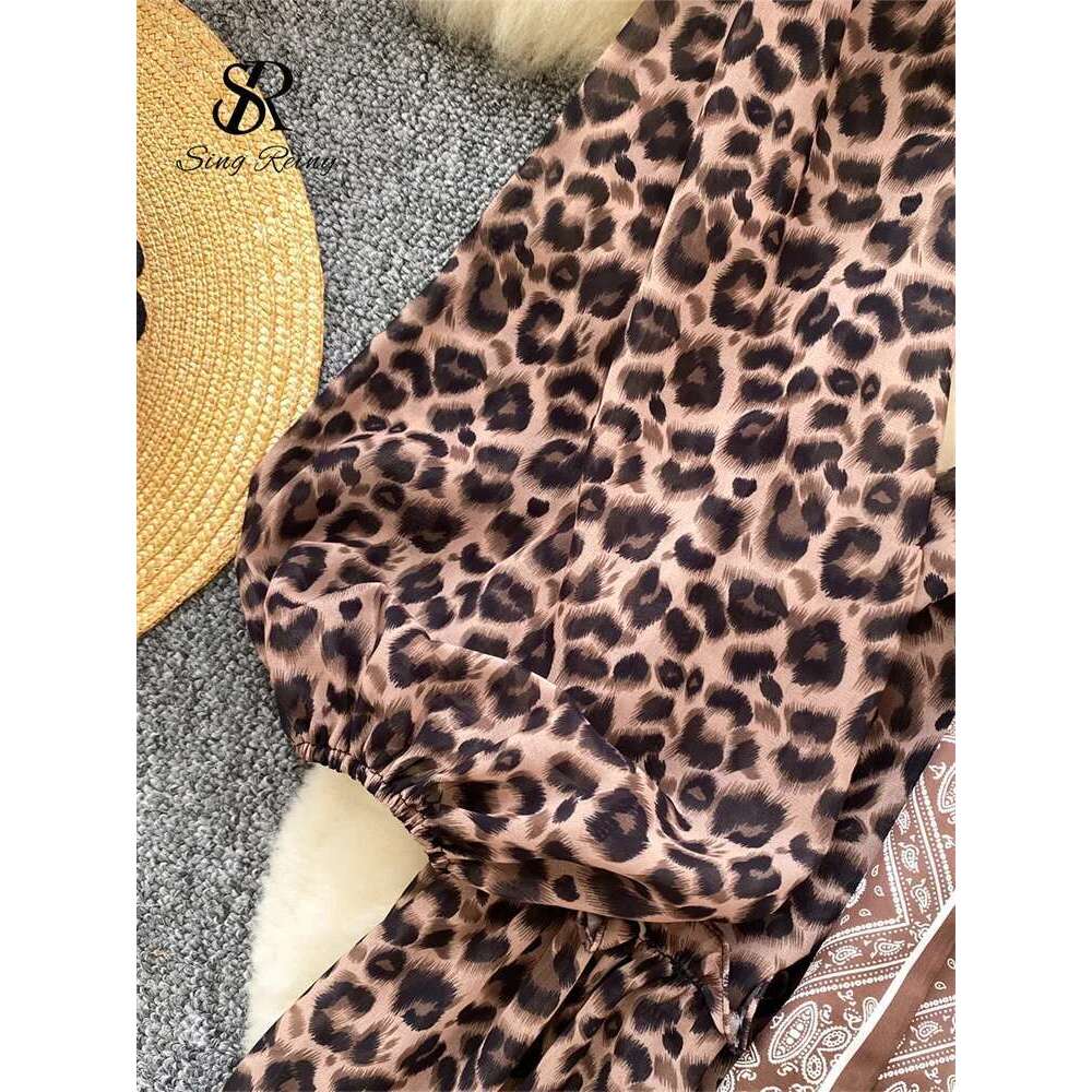 High Street Leopard Sexy Bow Neck Long Sleeves Transparent Loose Autumn Bohemian Casual Print Short Dress