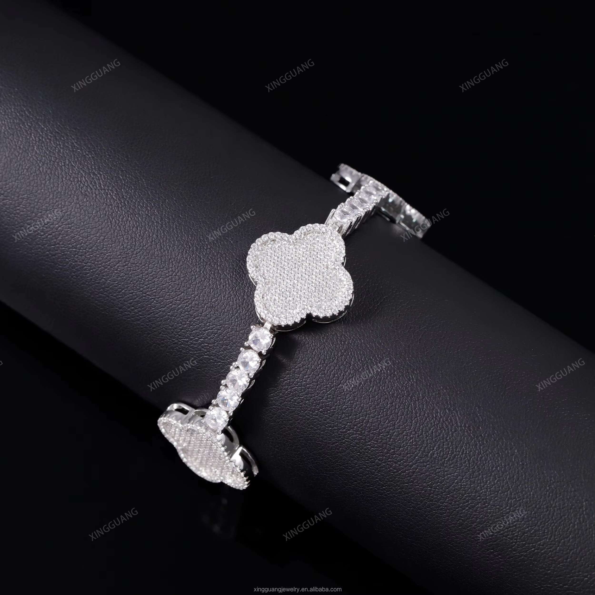 Iced Out Diamond Cuban Bracelet 925 Sterling Silver VVS Moissanite Diamond Four Leaf Clover Tennis Bracelet 3mm 4mm Tennis Chain