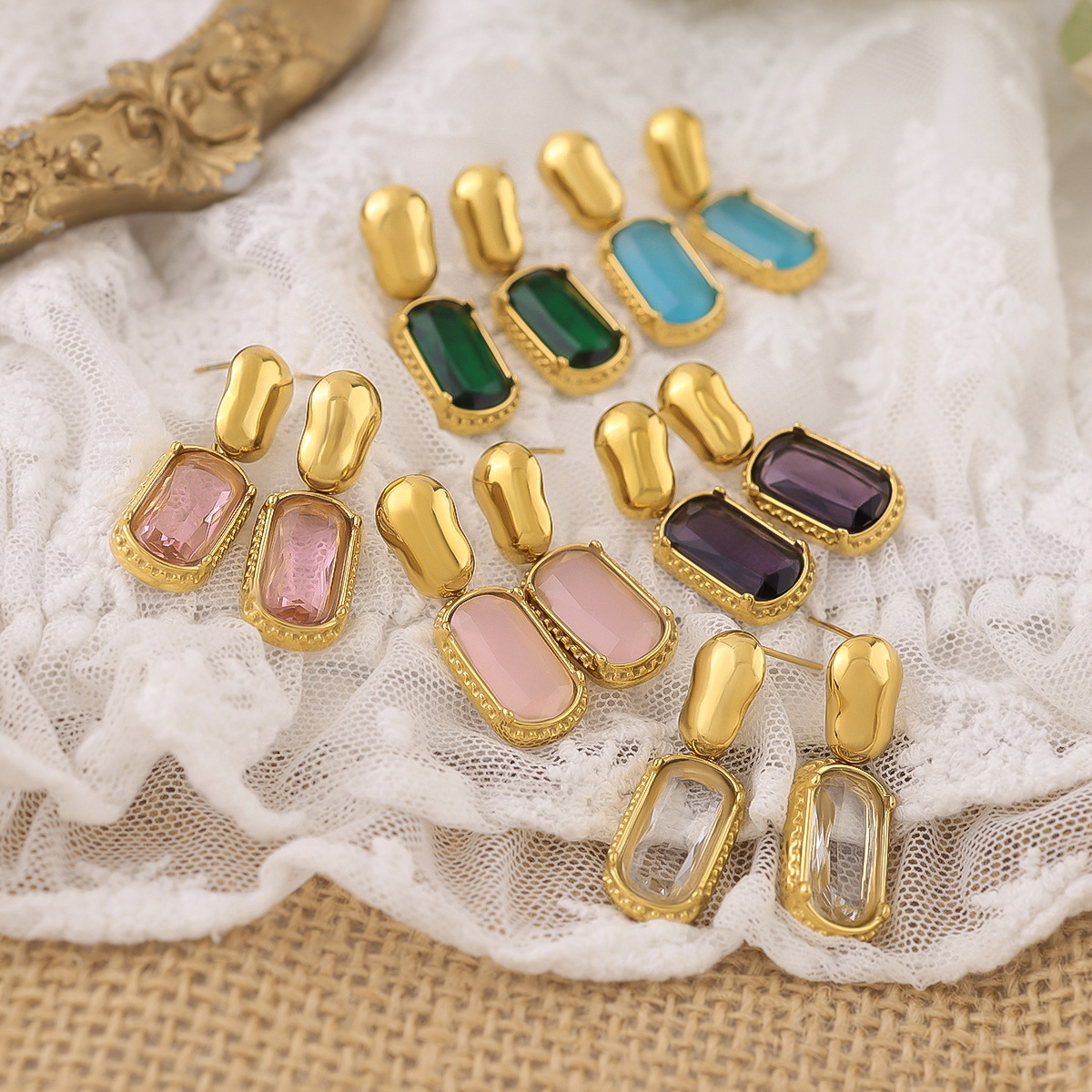 Gold Retro Color AAA Zircon Stainless Steel Earrings for Women Simple Geometric Fashion Pendant Earrings
