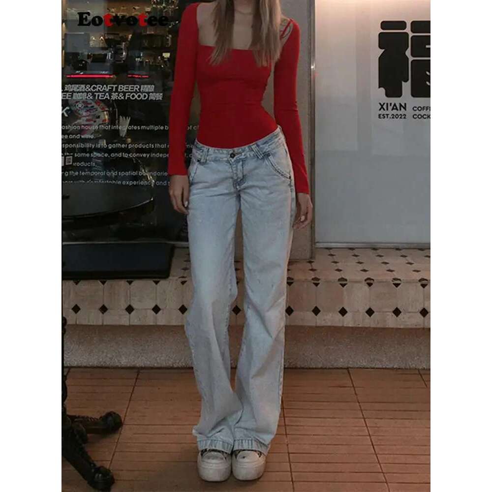 EOTVOTEE Vintage Blue Low Waist Jeans For Women American Streetwear Fashion Button Pockets Full Length Y2k Straight Pantalons Designer