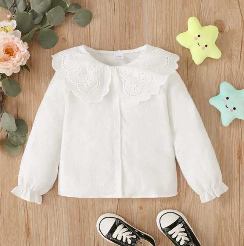Kids Girl 1-6Y Button T Shirt Hollow Lace Collar White Long Sleeved Lovely Korean Version Top Autumn Toddler Girl Clothes 250515