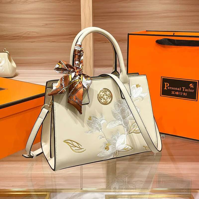 Pure Color Ladies Handbag New Chinese Embroidery Shoulder Fashion Hundred Commuter Girls Crossbody Bag Scarf Decor
