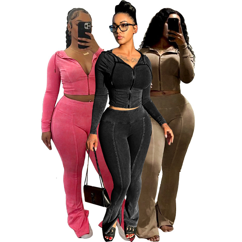 HR24063 womens washed and worn hooded flared pants two-piece casual set