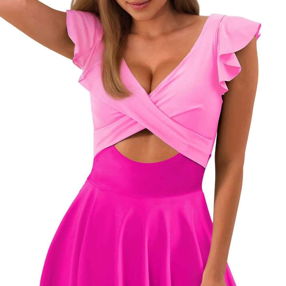 New popular one-piece ruffle edge cross skirt split swimsuit women's Tankini 2025 new style chic and elegant clothing