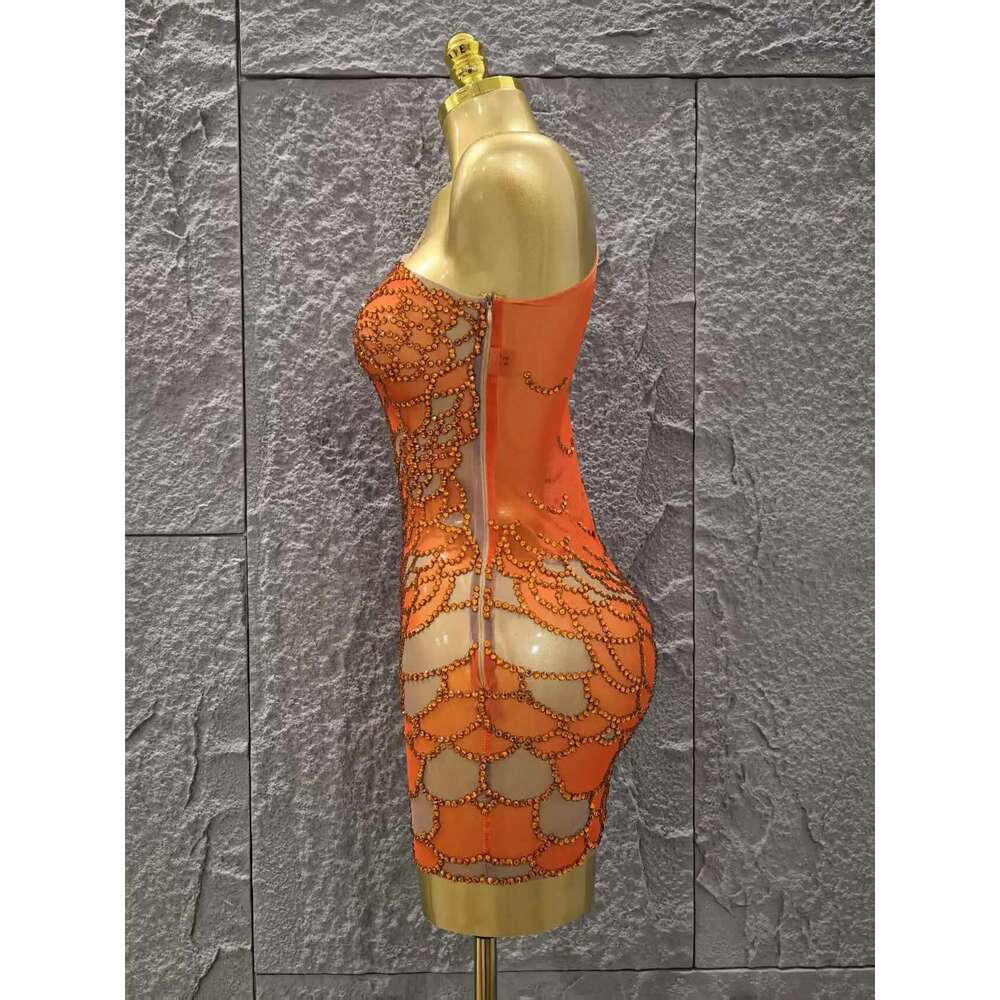 Orange Color Shinning Rhinestones Women Sexy One Shoulder Mesh Bodycon Mini Dress Celebrate Nightclub Party Bar Singer Wear