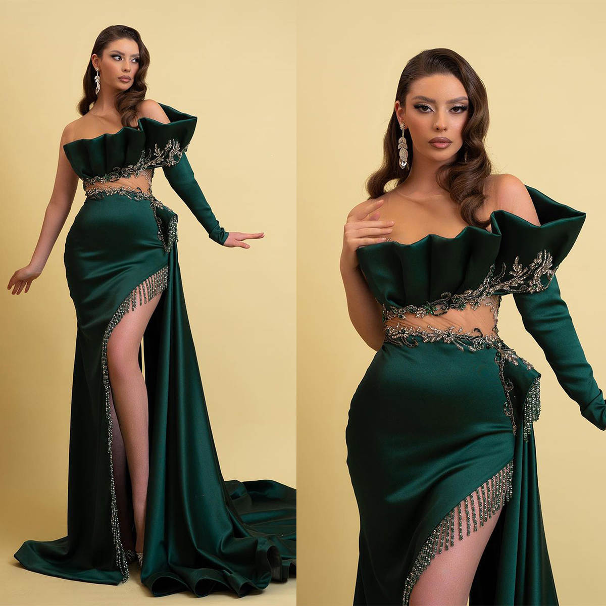 Elegant Mermaid Evening Dress Illusion One Shoulder Beads Prom Dresses Sexy Side Split Rhinestones Special Occasion Gowns