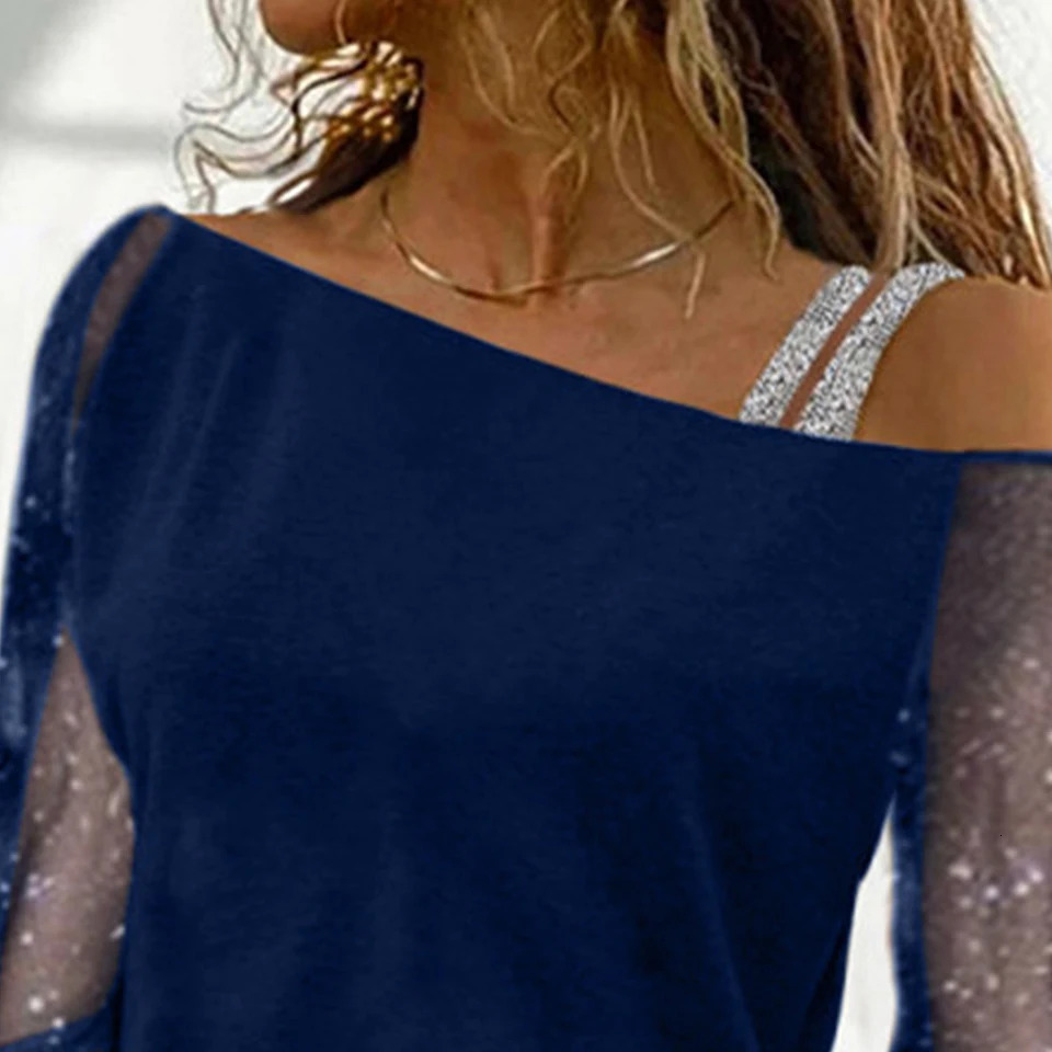Plus Size Oversized Women Autumn Sexy Lace Mesh Long Sleeve T-Shirt Tops Ladies Off Shoulder Casual Blouse High Quality Clothing 250515