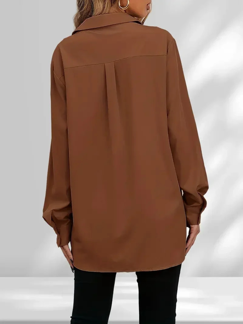 Plus Size 1Xl5XL Womens Fashion Blouse Solid Button Up Long Sleeve Turn Down Collar Pockets 250515