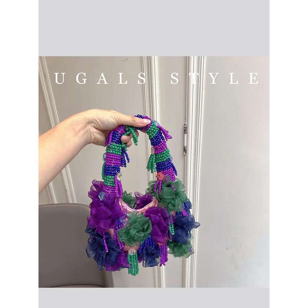 Handmade Bead Woven Pearl Flower Bucket For Women Handbag Beach Vacation Phone Clutch Party Bag