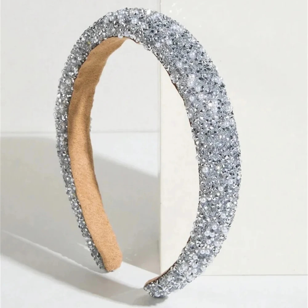 Glamorous Beaded Hairband Bling Crystal Pearl Baroque Headband Wide Cross Headband Sparkly Gorgeous Women Hair Accessories 250509
