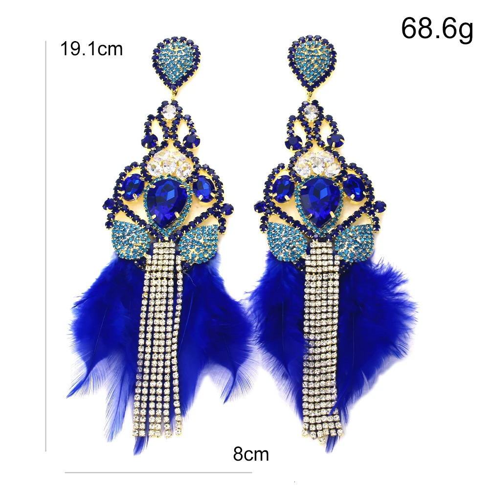 Boho Blue Feather Tassel Earrings Dangle Woman Accessories Nightclub Sparkly Exaggerate Rhinestone Earrings Prom Jewelry 250514