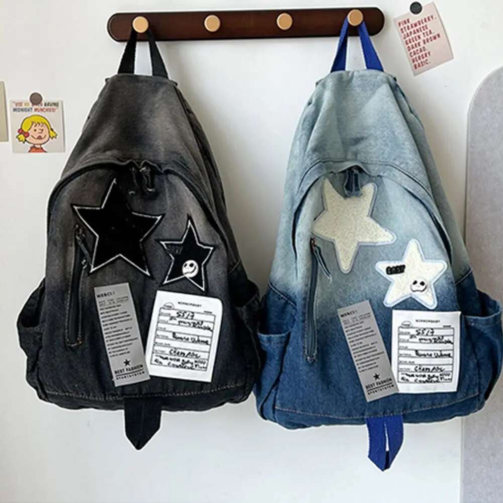 New Original Denim Star Backpack Versatile Travel For High School Students Double Shoulder Bag Vintage Feeling