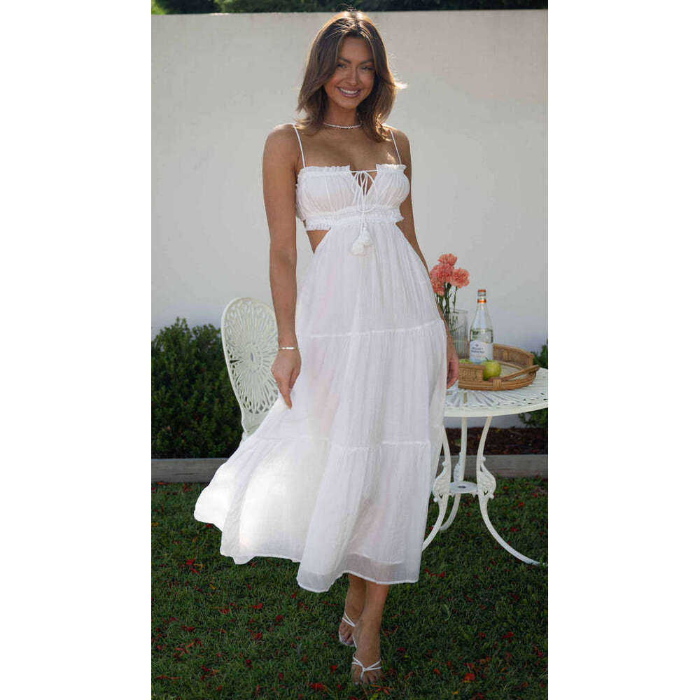 White Dress Maxi Dress Summer New Women's Style Hanging Strap Sexy Hollow Out Long With Open Back Panel Large Swing Dress KQ