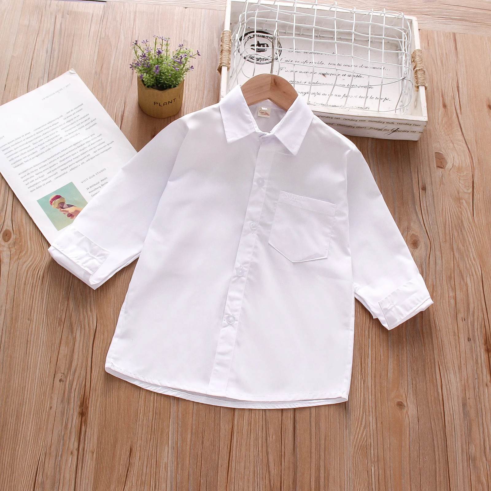 Spring and Autumn Boys Long sleeved Shirt Single Shoulder Pocket Flip Collar Baby White Shirt Comfortable Boys Clothing 250515
