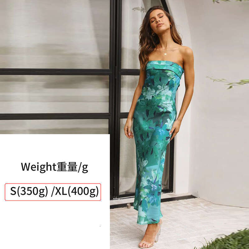 White Dress Maxi Dress 2025 Spring/Summer New Style Elegant Satin Backless Strapless Dress Printed KQ