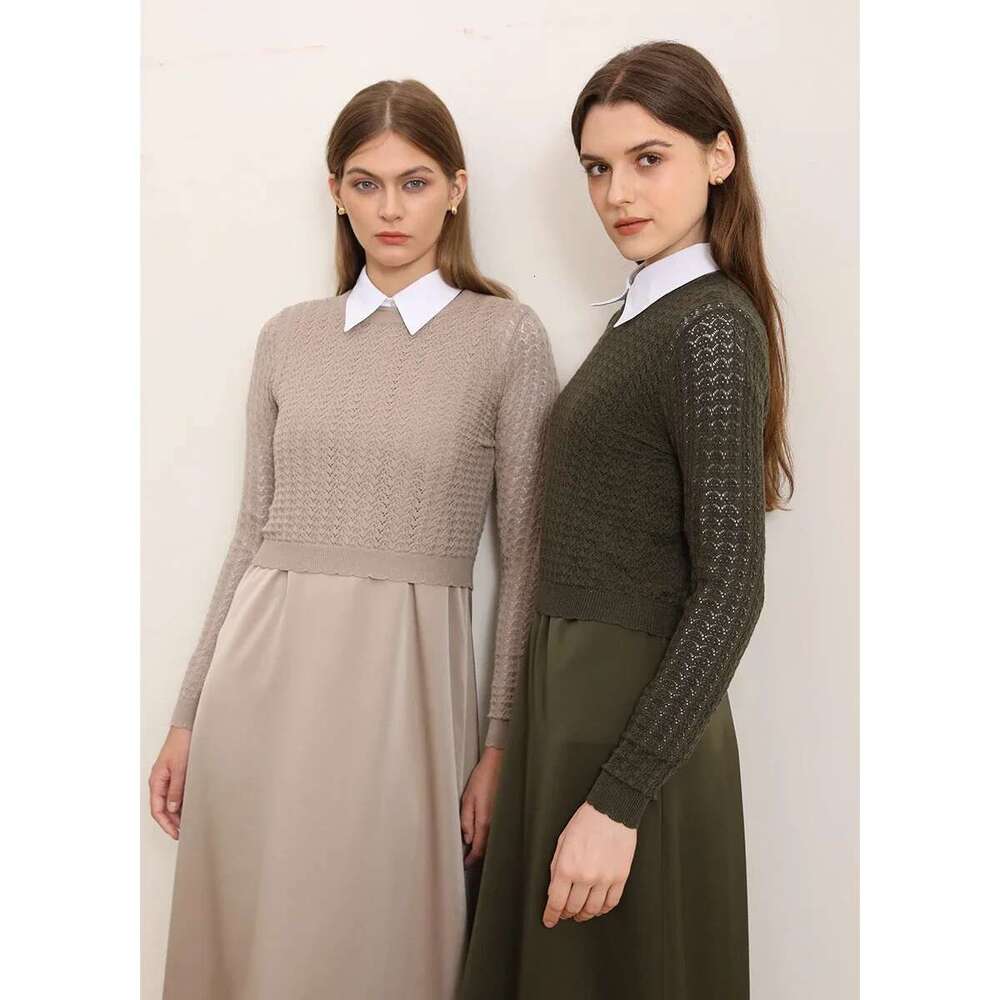 AP 2025 Autumn Winter Women Hollow Sweater and Satin Sleeveless Dress Elegant Fashion Lady Clothing