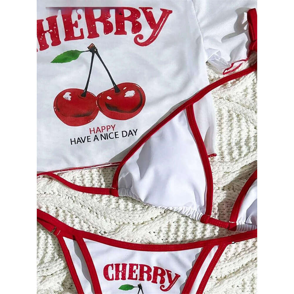 XS - L Cherry Printed Short Sleeve Female Swimsuit Women Swimwear Three-Pieces Bikini Set Bather Bathing Suit Swim V6854