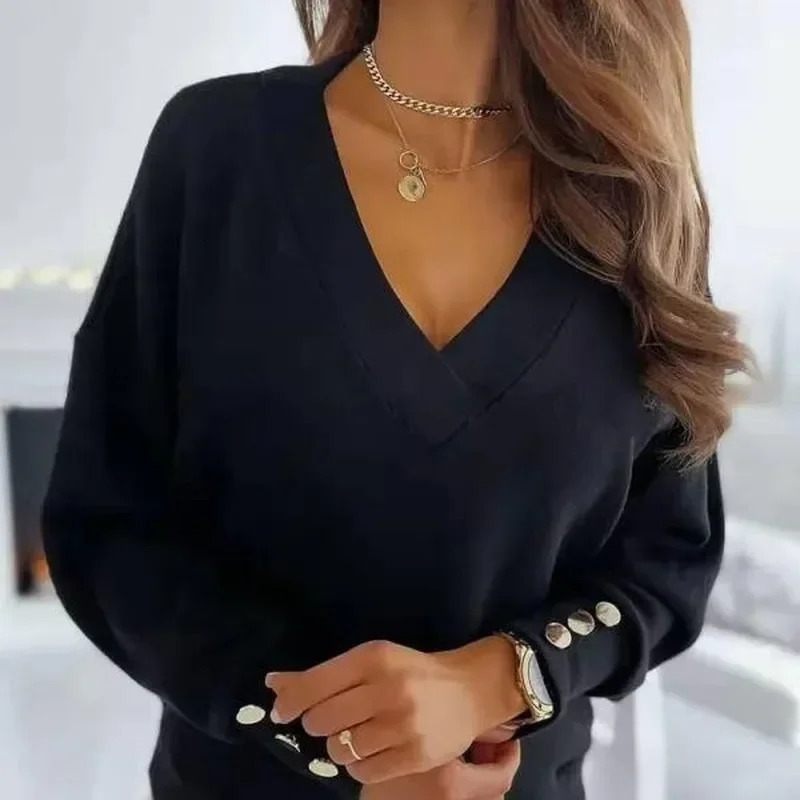 Office Lady Tops Autumn Loose Pullover Cotton Womens Blouse Vneck Casual Women Shirts Woman Clothes 12827 250515