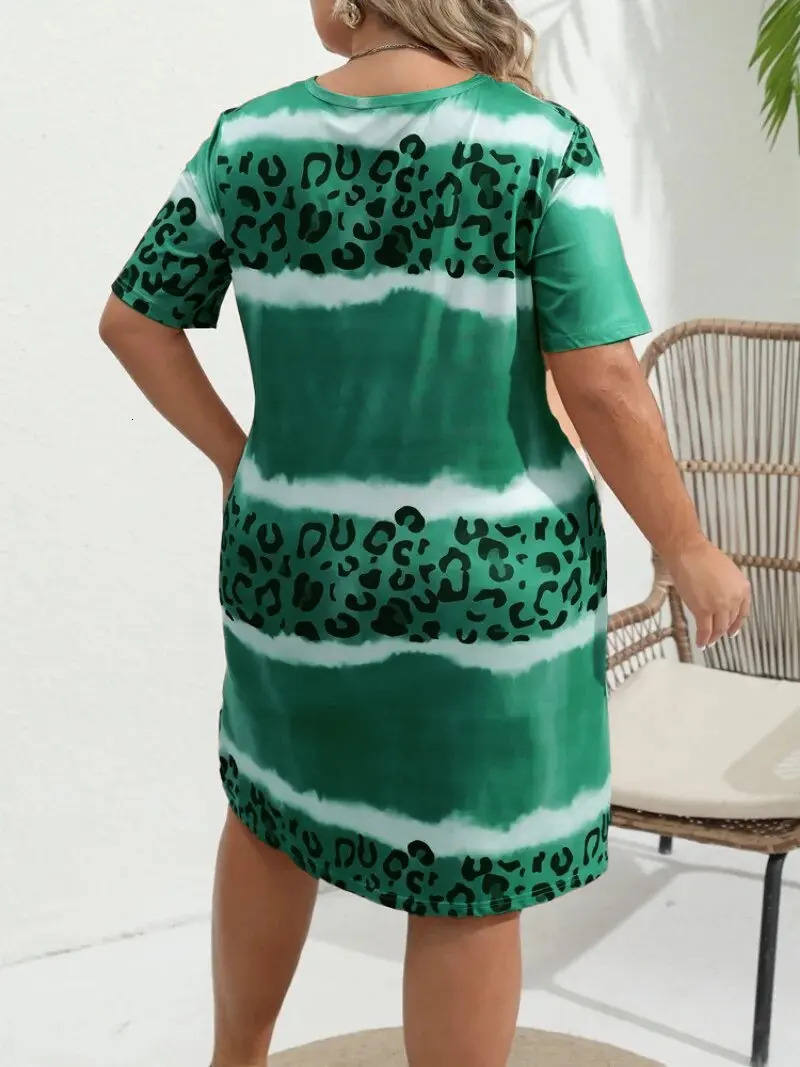 Womens Plus Size 1XL-8XL Fashion Casual Dress Short Sleeve Dress Tie Dye Leopard Short Sleeve V Neck Slight Stretch Dress 250509