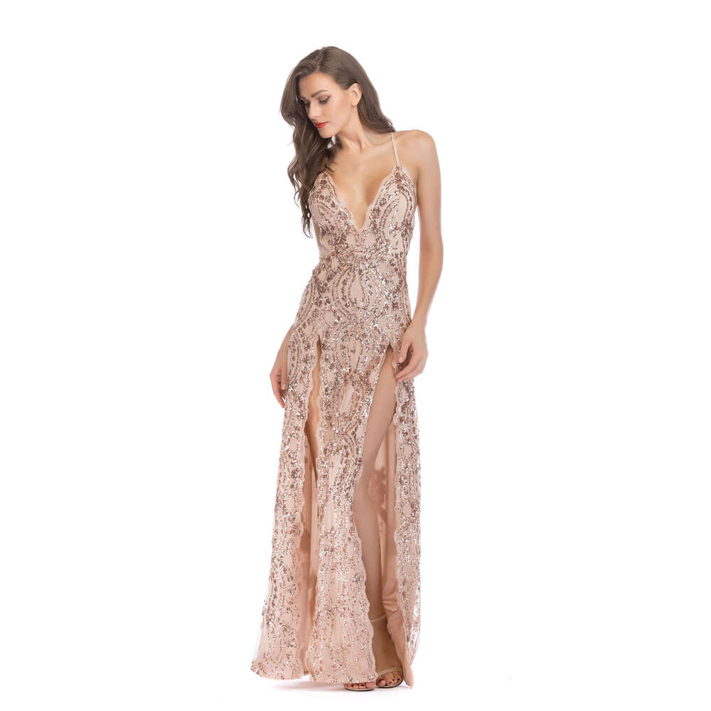 White Dress Maxi Dress 2018 New Sexy Backless Strap Sequin Split Dress KQ