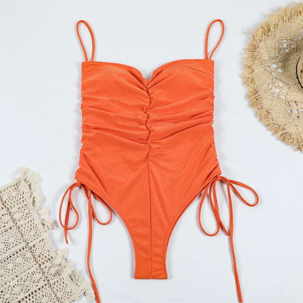 2025 European and American drawstring one-piece swimsuit women's solid pleated sexy suspender bikini 21059 ten color new style chic elegant cloth