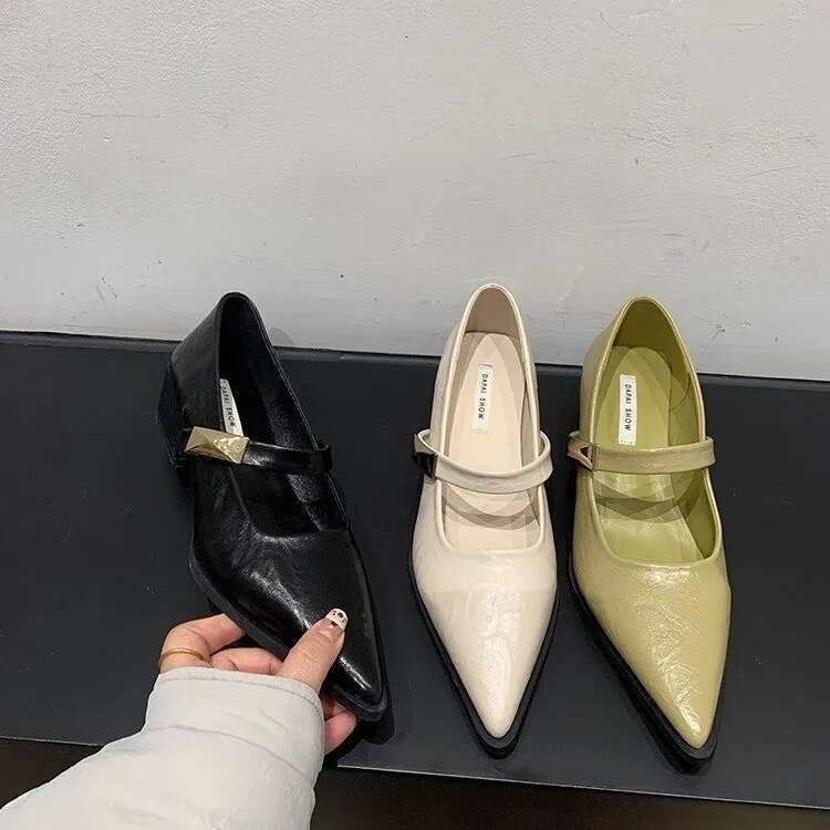 Retro Style Thick Heel Women Mary Jane Shoes Fashion Shallow Pointed Toe Ladies Comfort Office Pumps Footwear