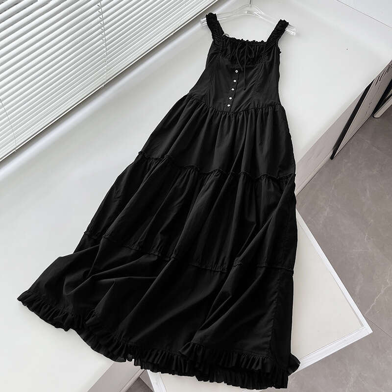 White Dress Maxi Dress Summer New Lazy Vacation Style Pleated Edge Front Button Design Extra Long High-End Goddess Dress, Big Swing Skirt KQ