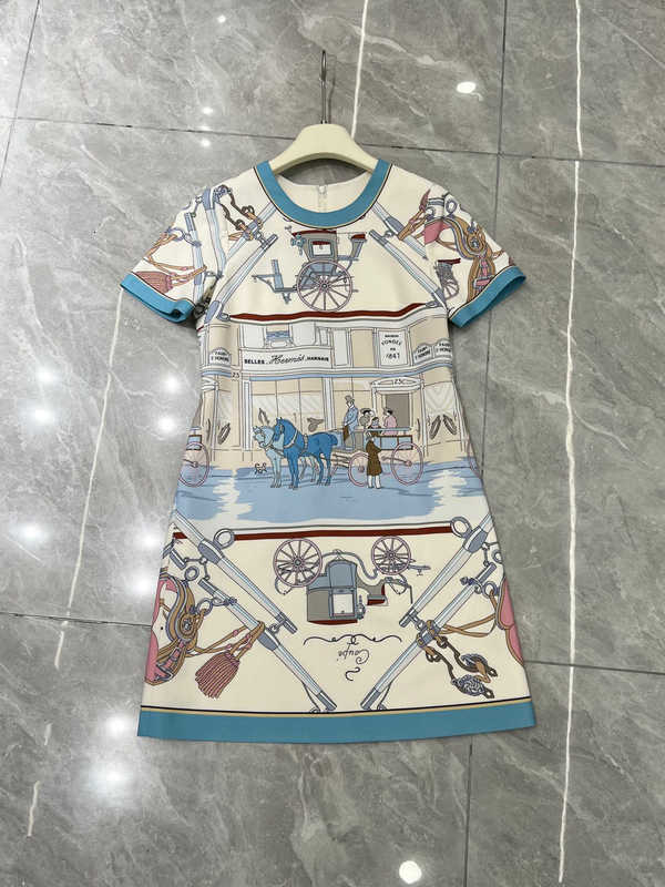 Basic Casual Dresses Elegant Print Colorful Long Dress Women Designer European Fashion Style Carriage Printed High end Loose Flesh Covering Dress Summer