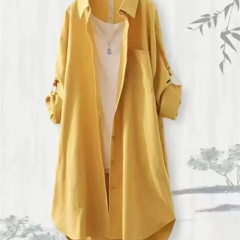 Large size loose and breathable Midi shirt Korean casual autumn womens simple solid long sleeved w250506