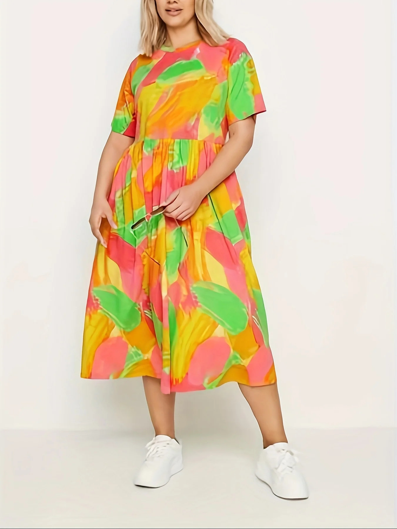 Plus Size Womens Rainbow Print Dress Waist Pleats Bright Colors Stylish Girly Style Knitted Fabric Cool And Breathing Summer 250515