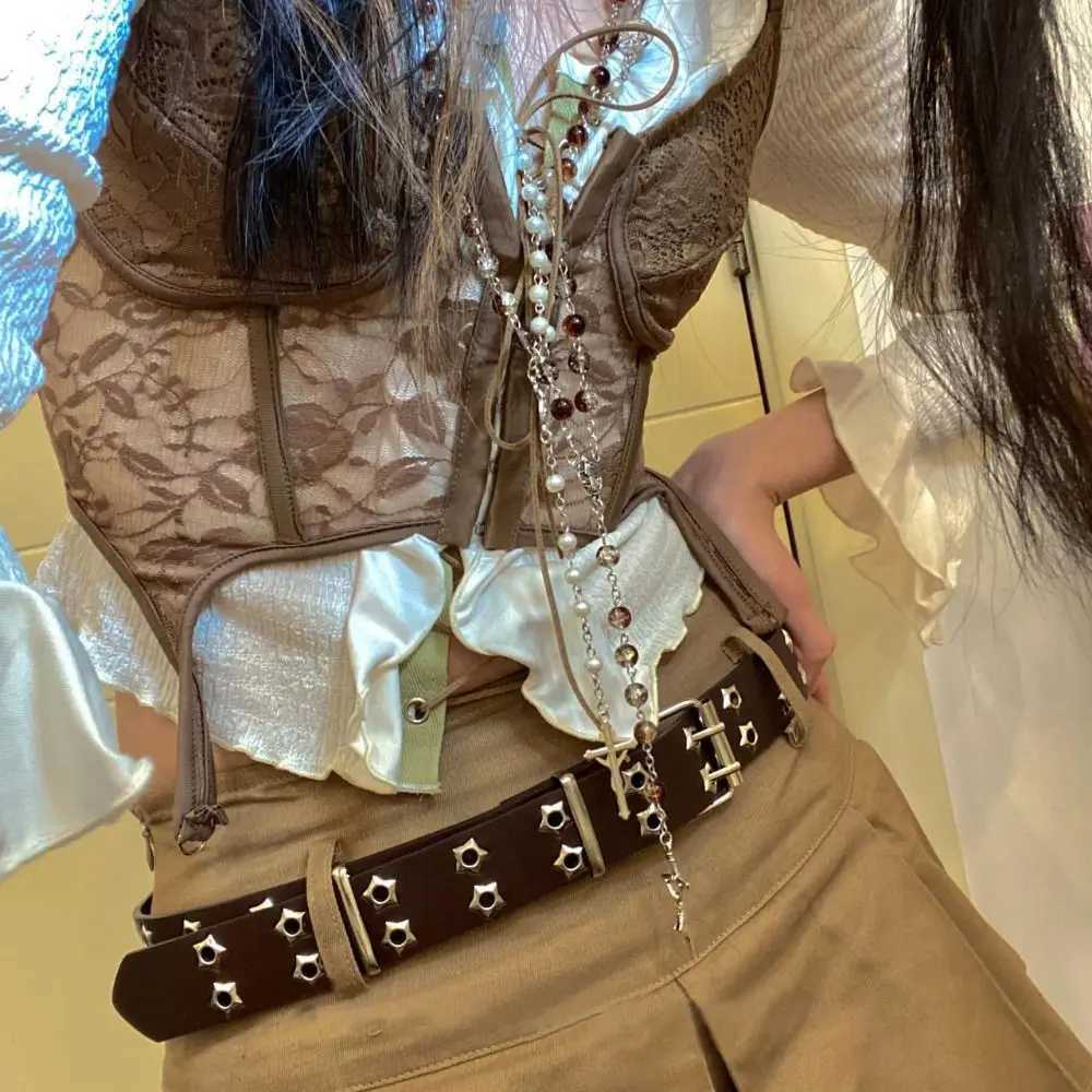 Adjustable Punk Waist Belt Double Pin Buckle Y2k Style Belts Rivet Belts For Men Women Double Star Eyelet Grommet Waist Strap Y250515