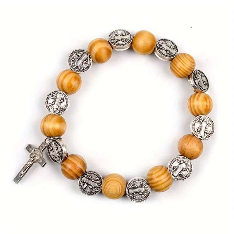 Natural Solid Wood Elastic Wire Alloy Saint Religious Rosary Bracelet Men Women Catholic Jesus Christ Jewelry Pulsera R-372