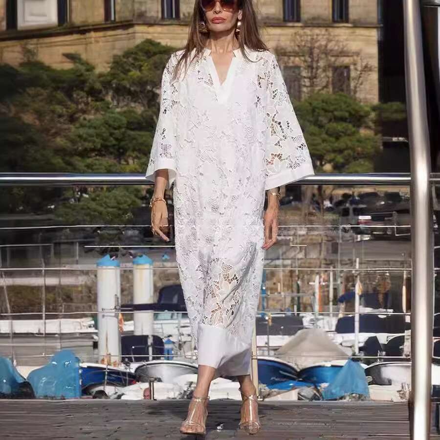 White Dress Maxi Dress 2024 New Women's Lace Milk Silk Loose Medium To Long Solid Color Dress KQ