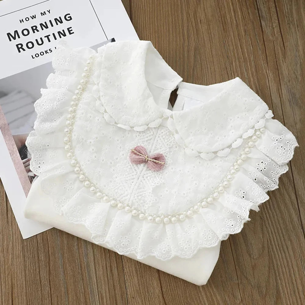 Bear Leader Girls Shirt Autumn Girls White Long Sleeve Lace Pearl Bow Sweet Shirt Childrens Cotton Casual Shirt 250515