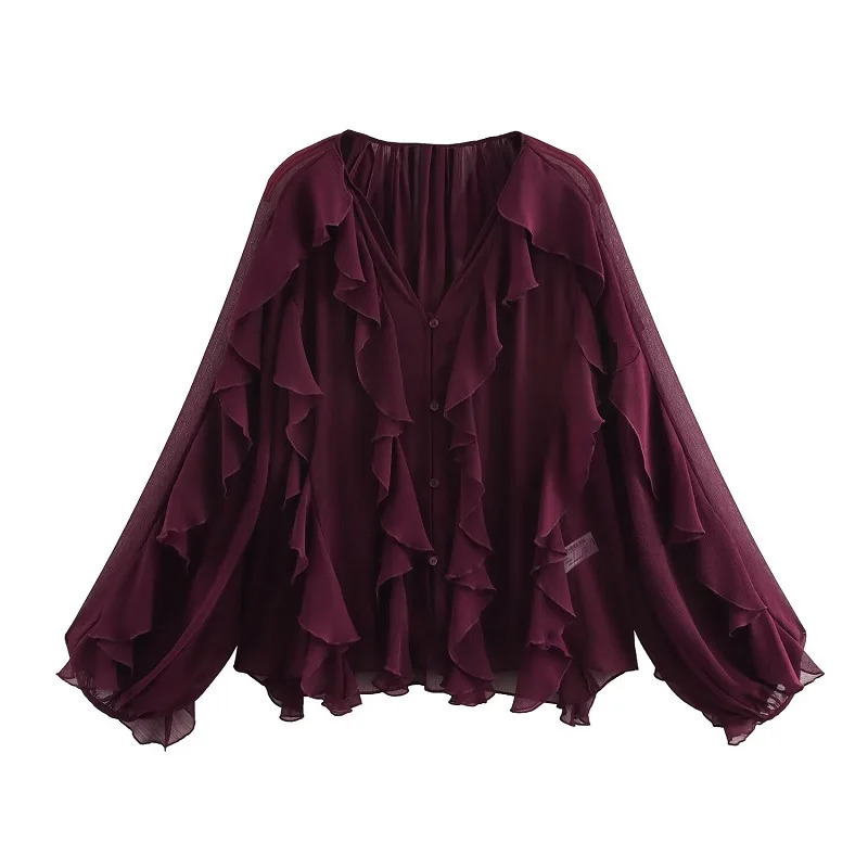 TRAF Ruffle Womens Blouses Semi Sheer Casual Woman Spring Fairy Shirts and for Lady Long Sleeve Tops 250515
